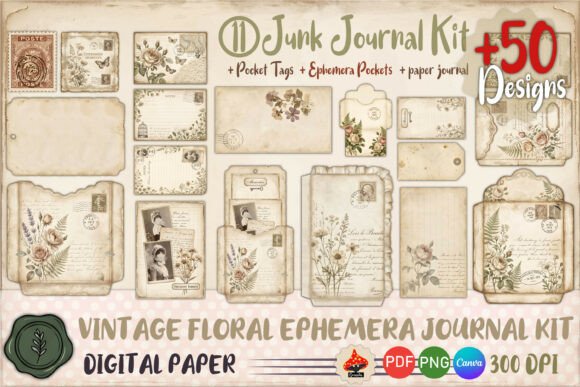 Download Vintage Floral Ephemera Journal Kit 50+ - Floral Collection